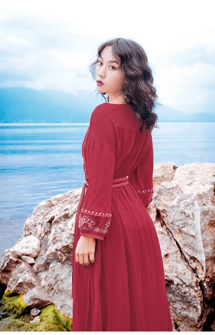 Женское винтажное пляжное платье Boho однотонное Хлопковое макси с вышивкой и