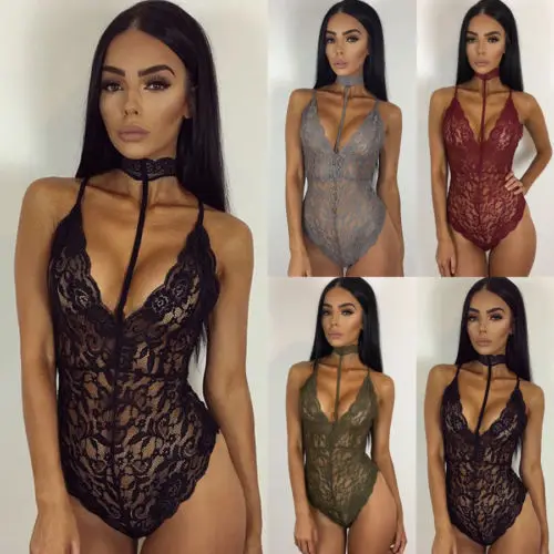 2019 New Fashion USA Womens Ladies Lace Bodysuit Blouse Sexy Lingerie Choker Spaghetti Strap Romper Tops Sleepwear | Женская одежда