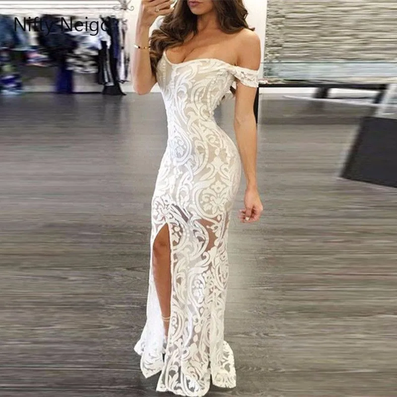Nifty Neigo Sexy Women Lace Dress Slash Neck Split White Party Summer Sheath Maxi Vestidos | Женская одежда