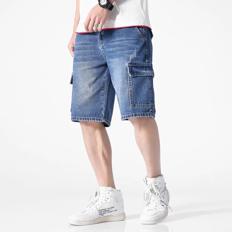 

Men Summer High Street Ripped Pockets Cargo Denim Shorts Jeans Men Casual Distressed Loose Relaxed Fit Denim Shorts Jean Men 5XL