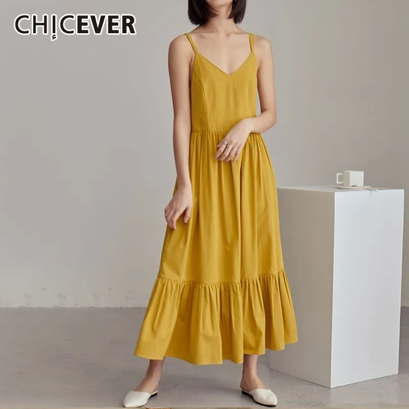 Женское винтажное платье CHICEVER желтое на бретельках с высокой талией и оборками