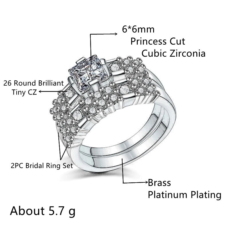 

Huitan Fashion 2PC Wedding Ring Set with Princess Cut Cubic Zirconia Luxury Engagement Wedding Rings for Women Valentines Gift