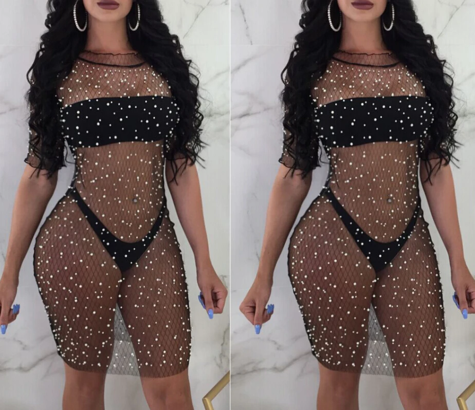 

Women Summer Beach Dress Lace Crochet Bikini Cover Up Crystal Swimwear Short Sleeve Covers Bathing Suit