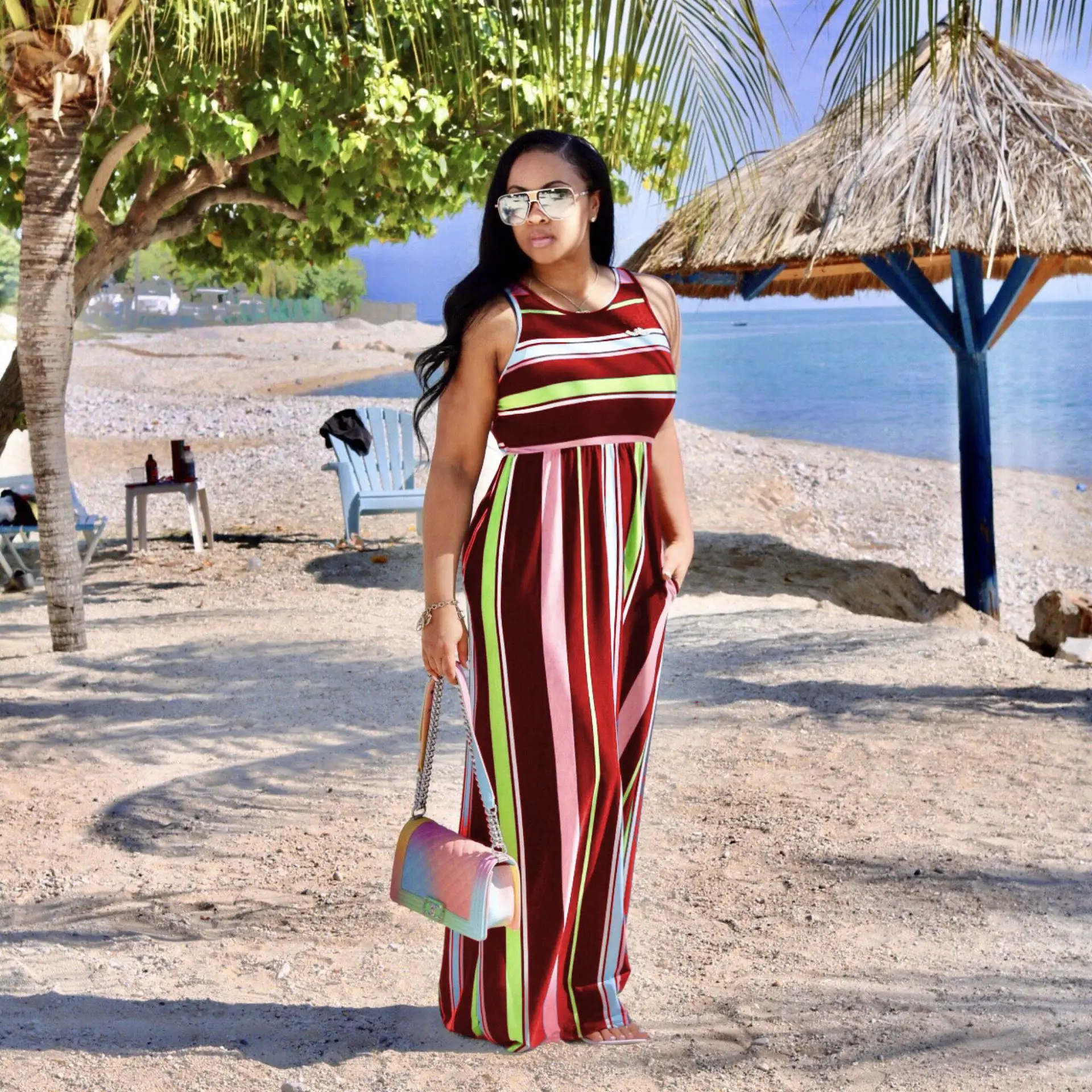 Элегантное хлопковое женское платье-макси без рукавов в стиле бохо прямой