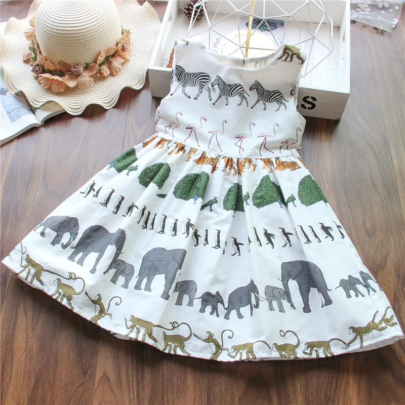 Toddler Girl Summer Dress Cotton Kids Casual Wholesale Lots Bulk Clothes Little Safari Cartoon Animal Print Party | Детская одежда и