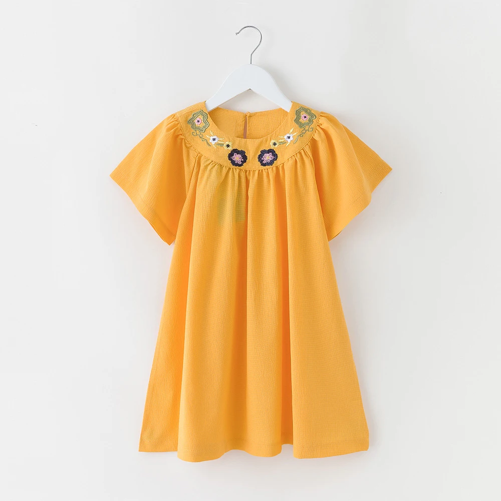 yellow loose dress simple embroidered floral short-sleeve dresses age for 4-14 yrs teenage girls summer clothes big frocks | Детская