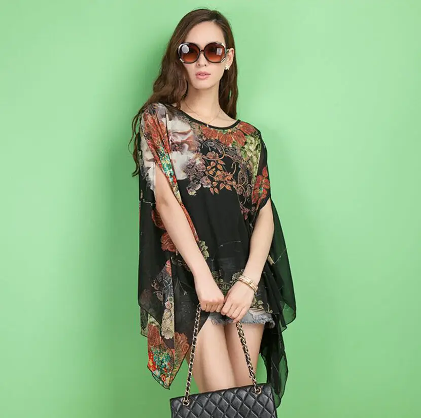Wooho Loose Batwing Sleeve Chiffon Casual Blouse Shirt Tee Tops Blousemen Sexy Floral Print | Женская одежда
