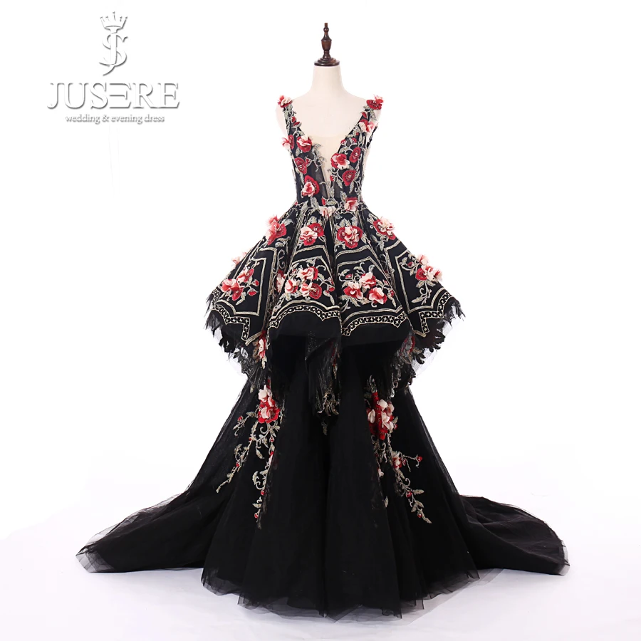 JUSERE Black Long Evening Dress 3D Flower Embroidery V-Neck Backless Sweep Train Formal Party Gowns Vestido de festa longo 2019