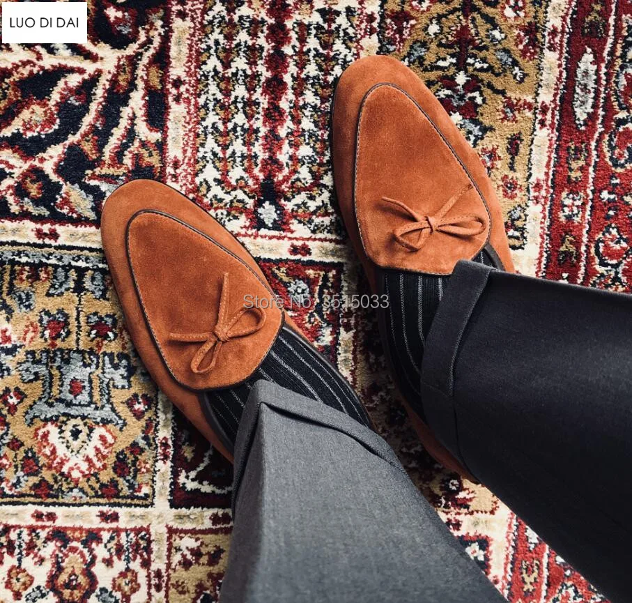 2019 New Men party loafers men wedding shoes bow casual suede leather flats point toe vintage dress low heel | Обувь
