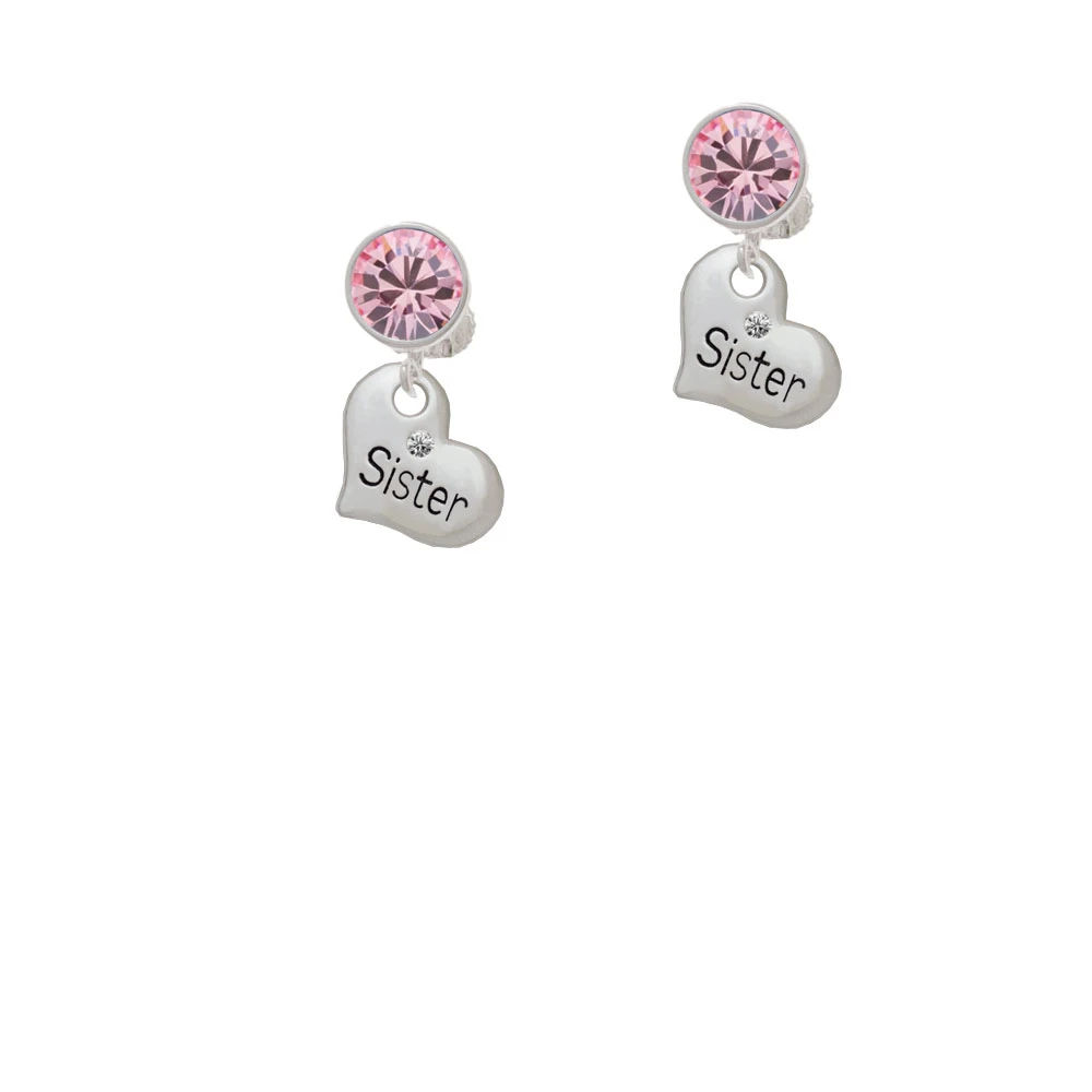 Small ''Sister'' Heart with Clear Crystal Clip On Earrings |
