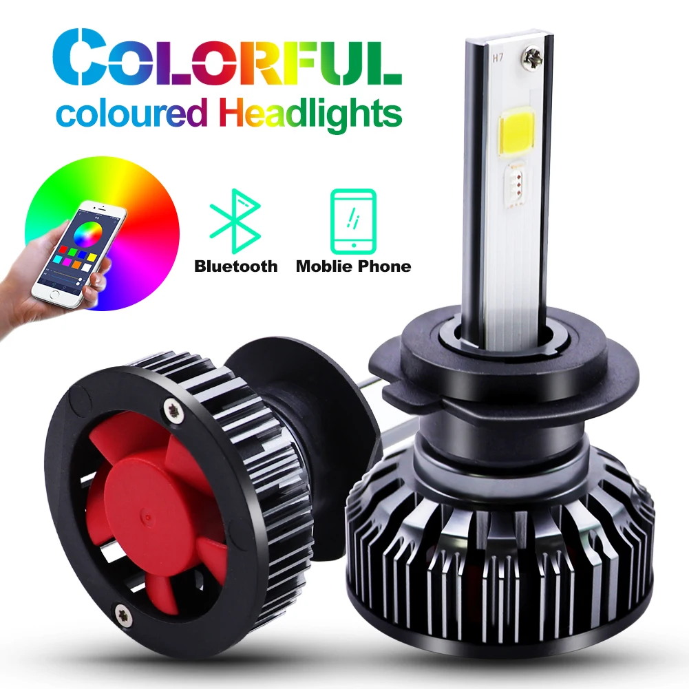 H7 светодиодный фары для автомобиля RGB COB налобный фонарь H1 H3 H4 H11 H13 880 9005 9006 9012 Bluetooth