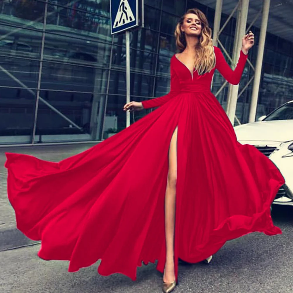 Женское платье в пол YJSFG элегантное с v образным вырезом и длинным рукавом Макси