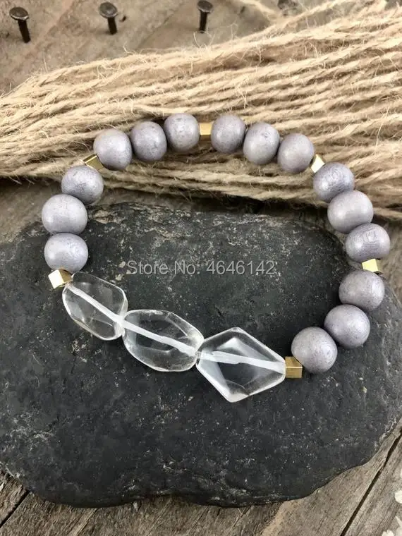 Clear Quartz Crystal Beads With Gold Beaded Gray Druzy Agates Layering Staacking Stretch Bracelet