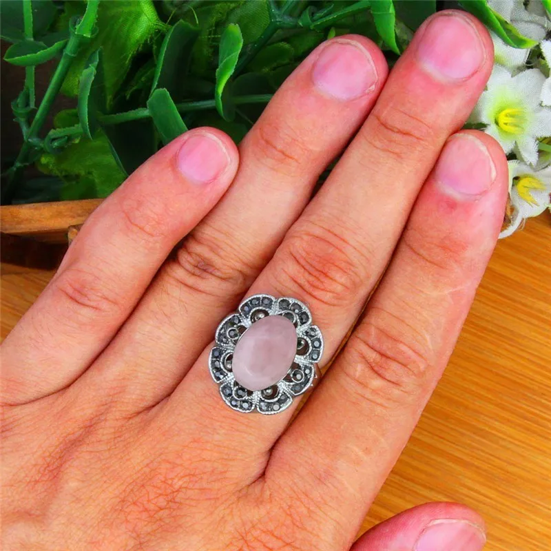 Oval Natural Stone Quartz Rings For Women Antique Silver Plated Rhinestone Plum Flower Vintage Fashion Jewelry TR710 | Украшения и