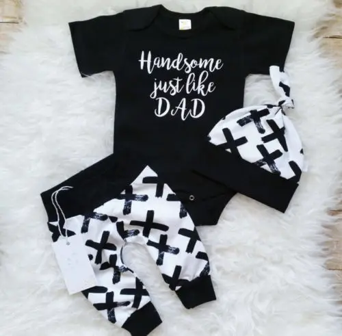 Newborn Baby Cool Handsome Boys Cotton Top Letter Romper+Long Pants Leggings+Hat 3Pcs Outfits Clothes Summer Soft Clothing 0-24M |