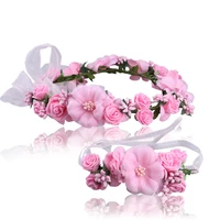 2 pcsset wedding flower crown headband for women bridal floral wrist wreath bridesmaid garland photography props headpiece
