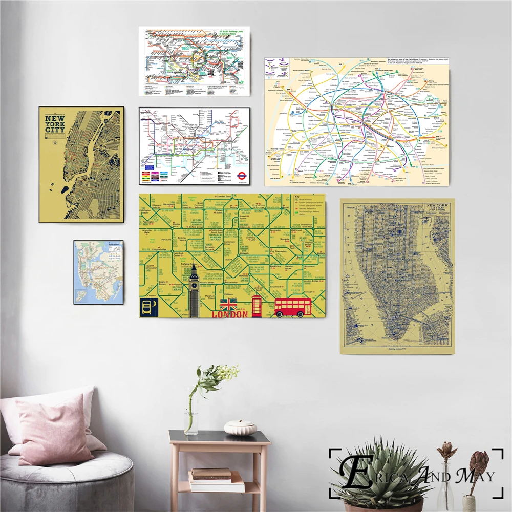 

New York London Subway Map Vintage Poster Prints Oil Painting On Canvas Wall Art Murals Pictures For Living Room Decoration