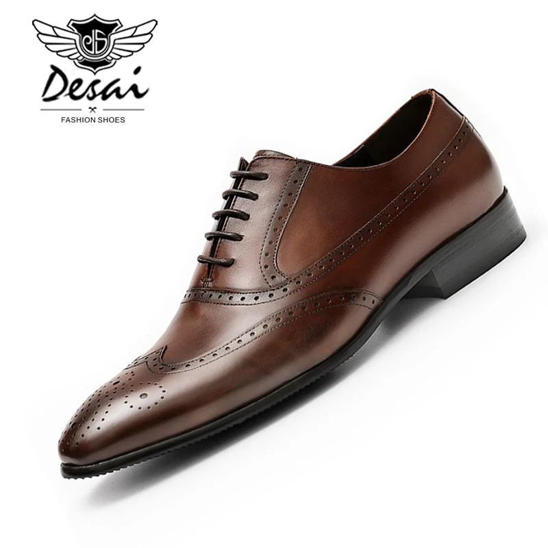 DESAI Men s Carved Genuine Leather Shoes Handmade Business Dress Brogue Oxfords Shoes Men Formal Brown Shoe Large Size 37-44