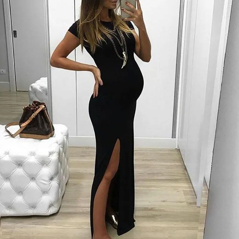 

Maternity Dress Short Sleeves Fork Opening Tight Fitting Long Skirt For Pregnant Women Pregnancy Clothes Maternity Elegant Dress