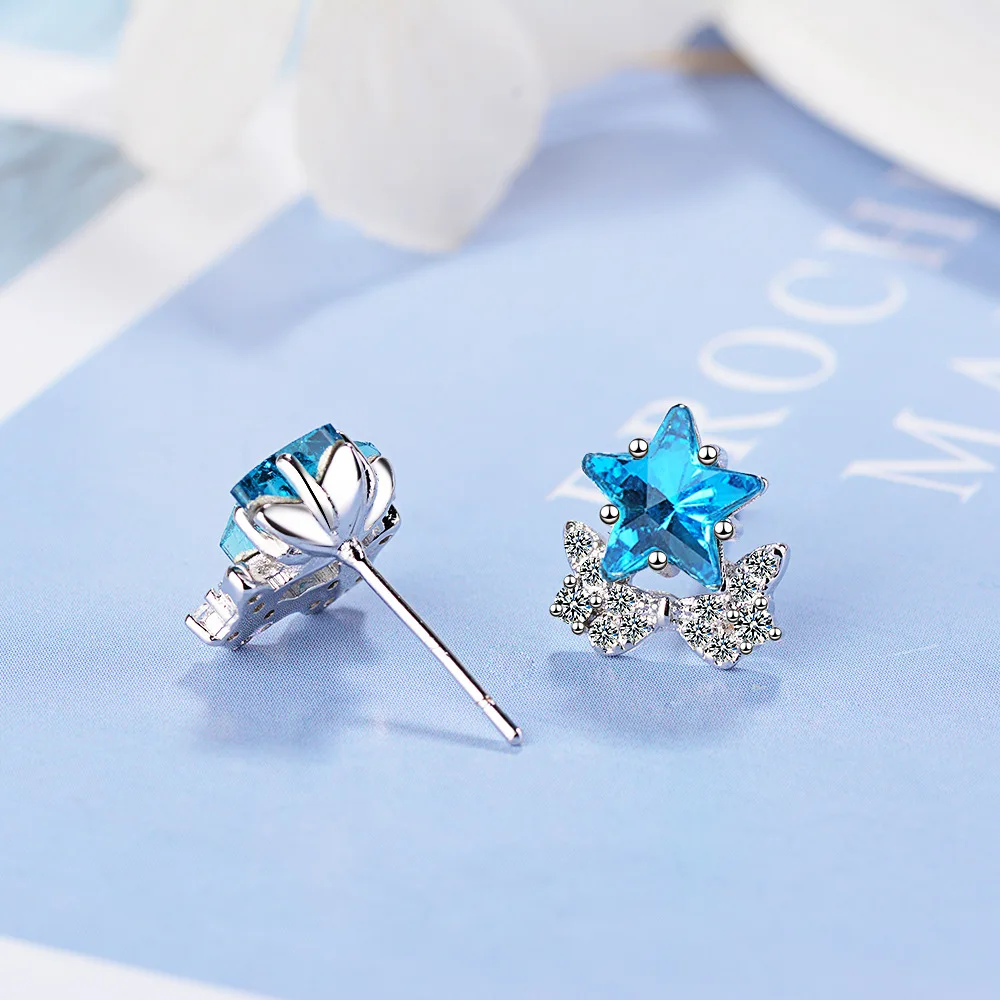 KITEAL New Arrival!! silver color Lady earrings Blue star clear crystal five boucle doreille femme bijouterie|Серьги-гвоздики| |