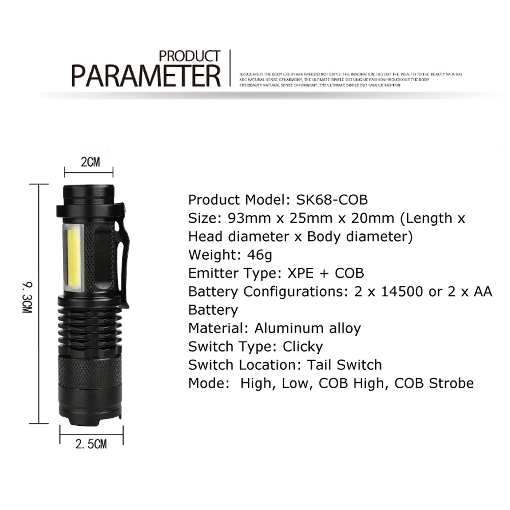 XANES мини фонарик SK68 COB XPE AA/14500 Регулируемый зум Фонарь ручка 4 режима