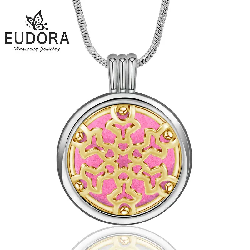 

EUDORA 20 mm essential oil diffuser necklace Copper Snowflake aromatherapy pendant jewelry for Women best gift