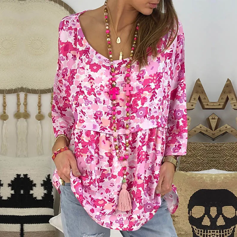 Женская футболка с рукавом три четверти Повседневная цветочным принтом и