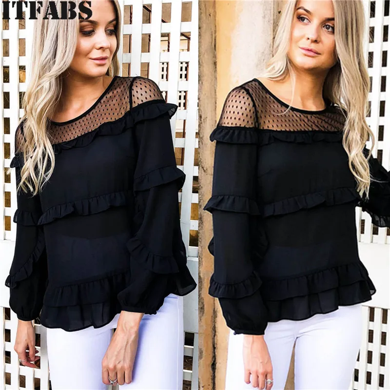 Сетчатые прозрачные Лоскутные рубашки с круглым вырезом однотонные Блузы