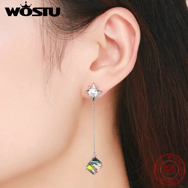 WOSTU, корейская мода, 925 пробы, серебро, ослепительный кристалл, длинные висячие серьги для женщин, свадебные радужные Роскошные ювелирные изделия CQE545