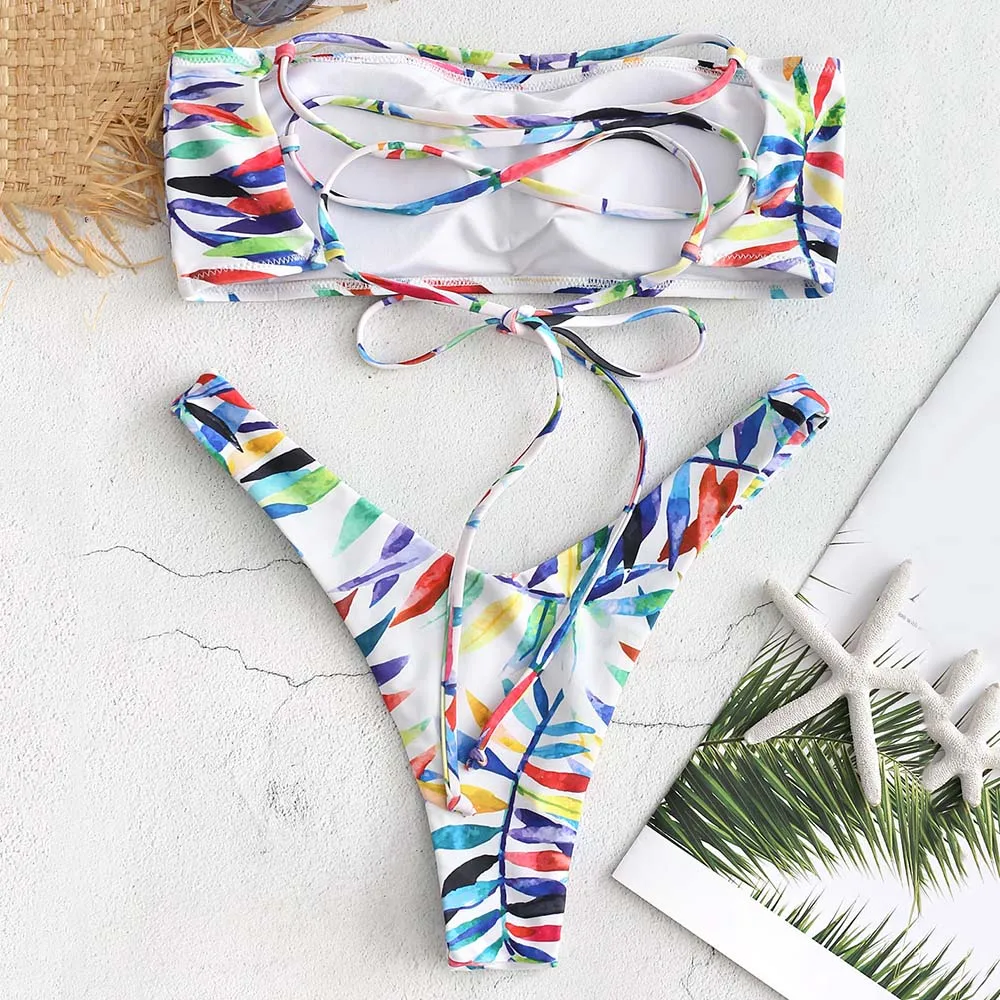 ZAFUL лиственным принтом на шнуровке высокие Бикини бандо Мягкий Maillot De Bain