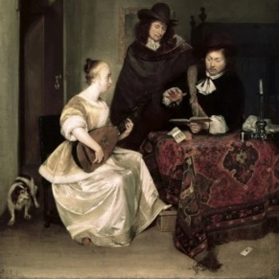 Молодая женщина играя Theorbo для двух мужчин ca1667 8 Gerard ter Borch (1617 1681 голландский) холст