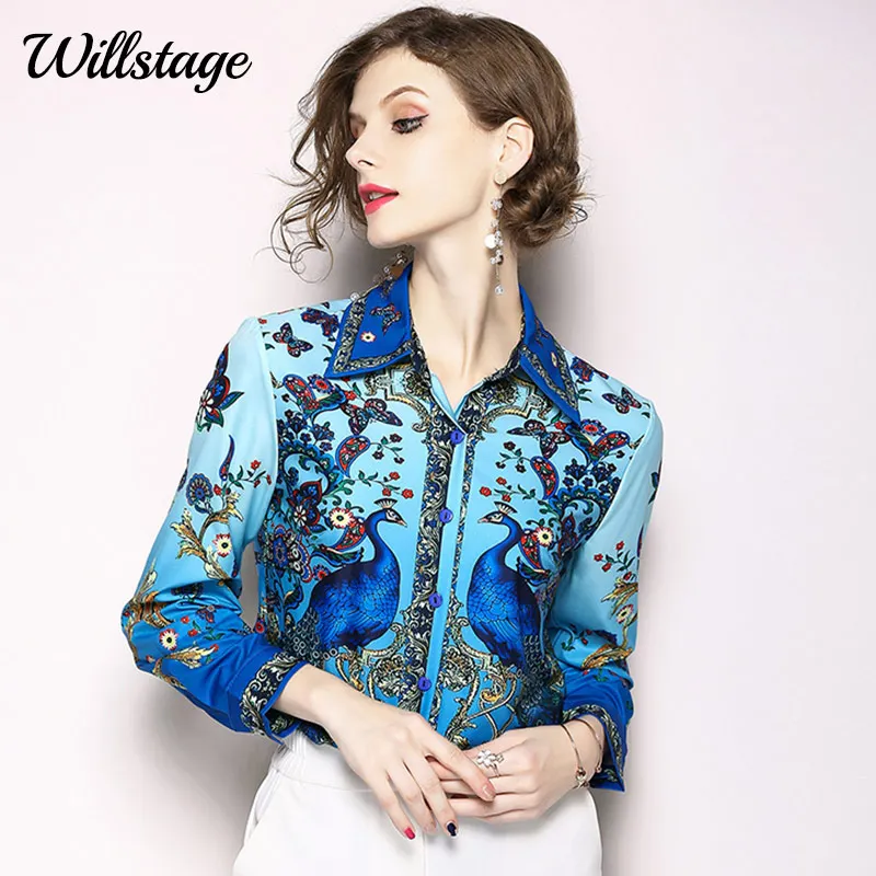 Женская блузка с длинным рукавом Willstage синяя рубашка цветочным принтом и