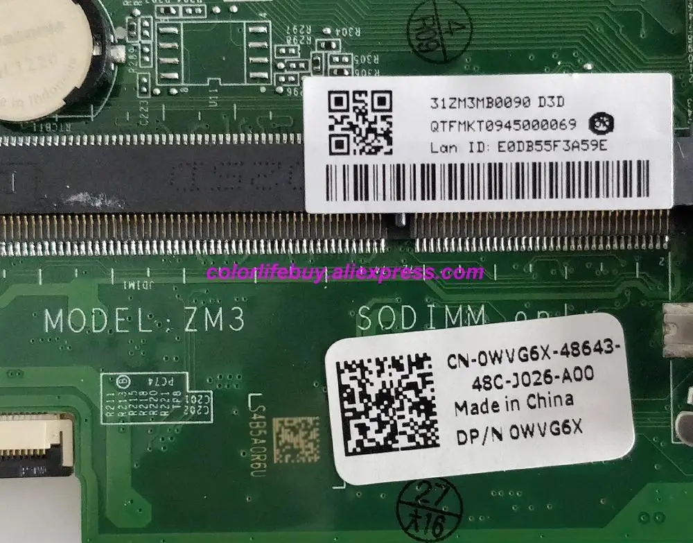 Оригинальный WVG6X 0WVG6X CN-0WVG6X w Cel2955U CPU DA0ZM3MB8D0 Материнская плата ноутбука материнская