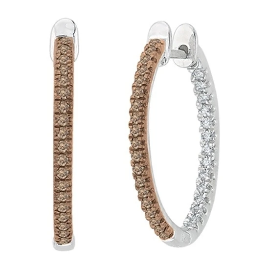 Серьги кольца с наизнанкой и белым бриллиантом 1/3 карат цвета шампанского белого