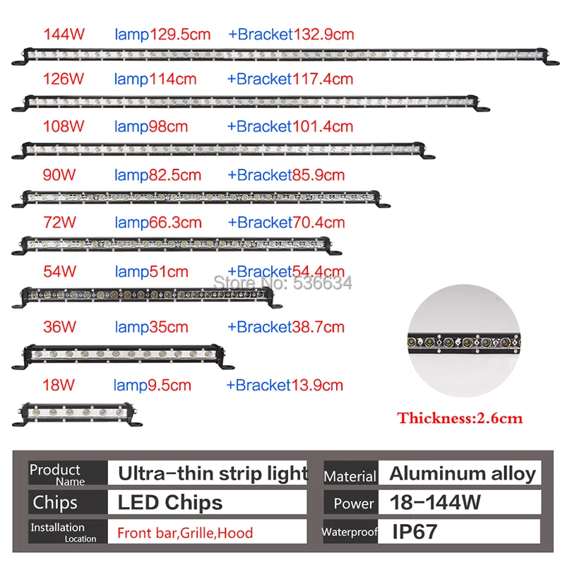 

Ультратонкий однорядсветодиодный прожектор, 18/36/54/72/90/108/126/144 Вт 4x4, направляющие для песка, для автомобиля