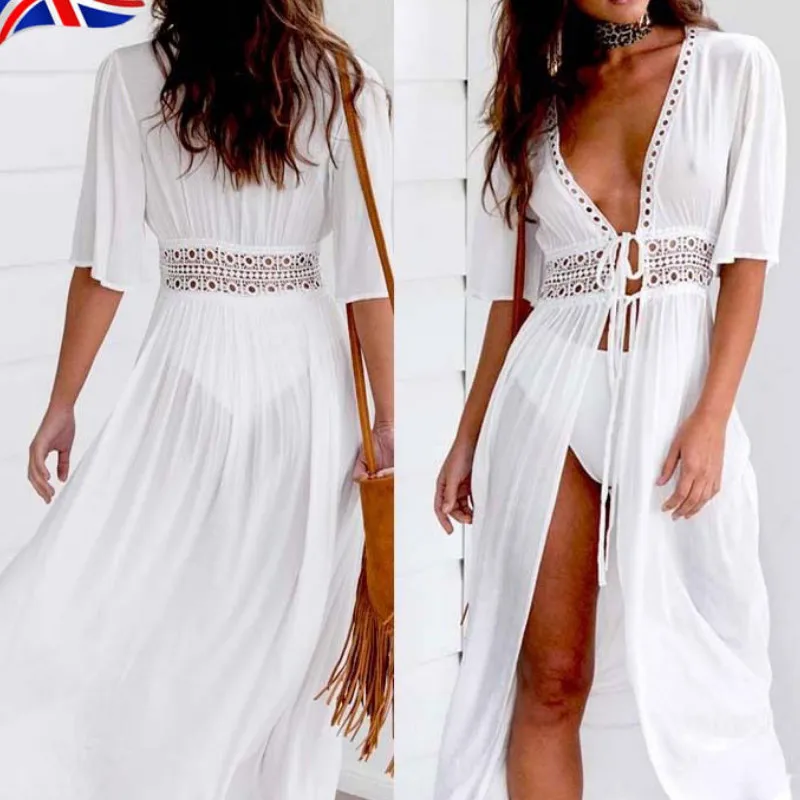 Женская Длинная Блузка Boho белая блузка с глубоким вырезом и шнуровкой лето