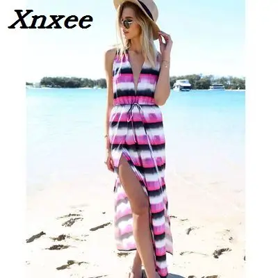 

Summer dress deep V colour stripe print sleeveless long dress elegant long beach vestidos bohemian style Xnxee