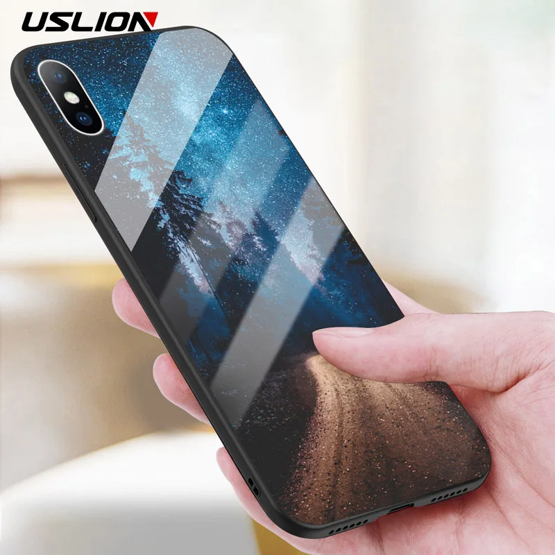 USLION Tempered Glass Back Case for iPhone XR XS Max X 8 Plus Starry Sky Stars Phone Cases 7 6 6s Hard Cover |