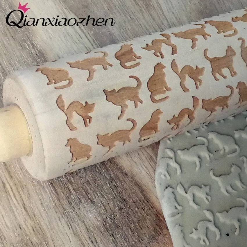 Qianxiaozhen Cat Pattern Wooden Rolling Pin Baking Cookies Wedding Gifts For Guests Decoration Kitchen | Дом и сад