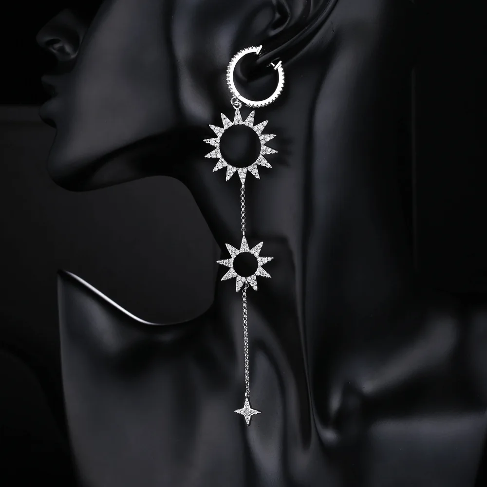 UNGODLY Luxury Sunflower Earrings Cubic Zirconia Star Gear Asymmetry Tassel Earring Set Fashion Gold Color Women Jewelry Gift | Украшения и