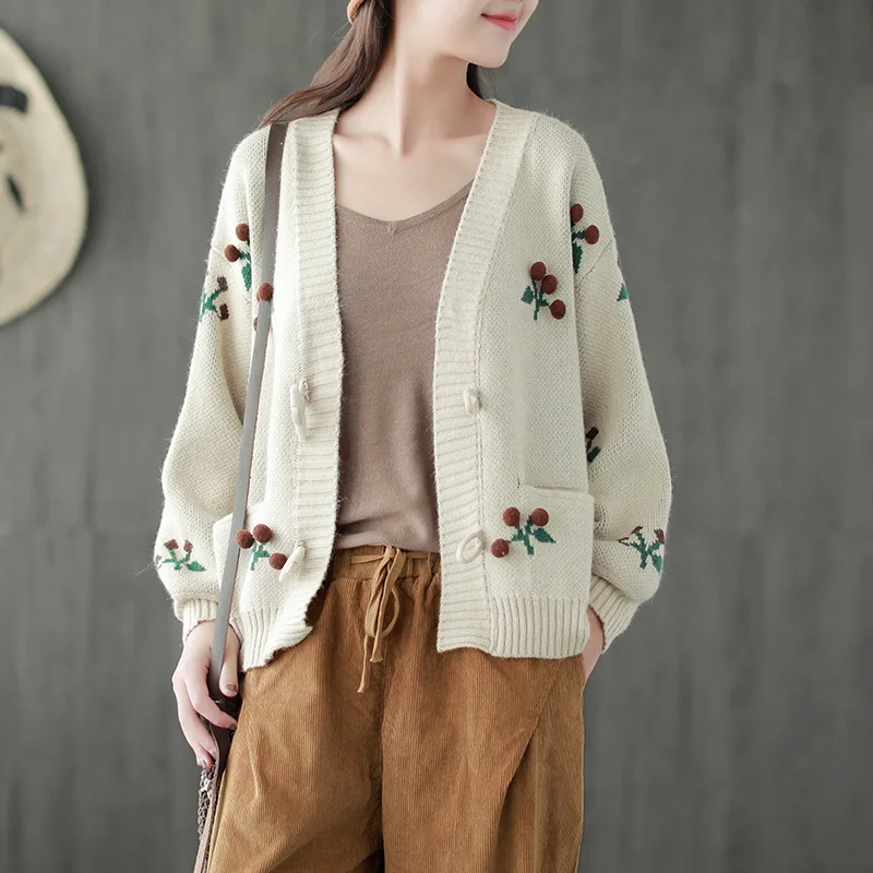 Women's Beige/Red Knitted Cotton Fruit Embroidery Mori Girl Loose Cardigan Sweater |