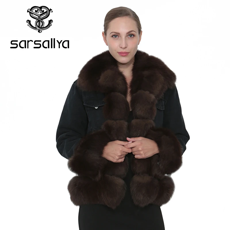SARSALLYA Натуральный Реальный лисий мех джинсовая куртка Для женщин пальто парка