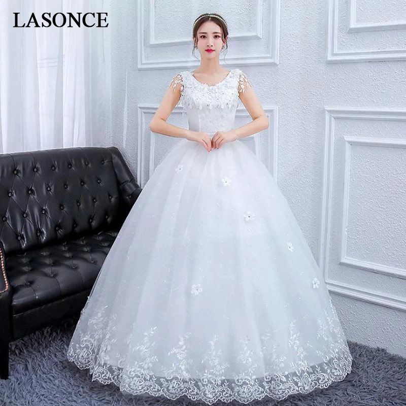 LASONCE Elegant Lace Appliques O Neck Sash Ball Gown Wedding Dresses Crystal Flowers Tank Backless Bridal Gowns | Свадьбы и