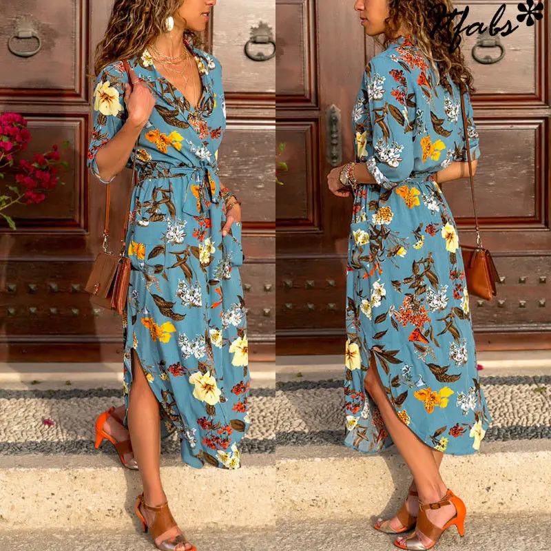 Autumn New Women Wrap V Neck Long Sleeve Shirts A-Line Dresses Casual Waist Bandage Swing Dress Fashion Streetwear Plus Size | Женская