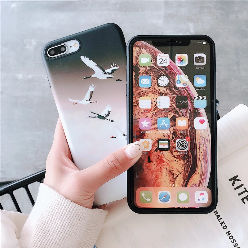3CPizai For iPhone Xs Max XR Cases Retro Japanese crane Apple iphone X 6 7 8 Plus 6s Phone Soft Covers Shockproof |
