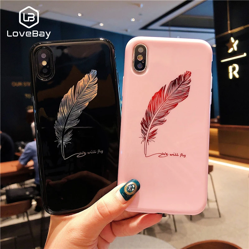 Lovebay Soft TPU Phone Case For iPhone 6 6S 7 8 Plus X XR XS Max Shell Colorful Feathers Cover Capa Black Pink Covers 3D Fashion |