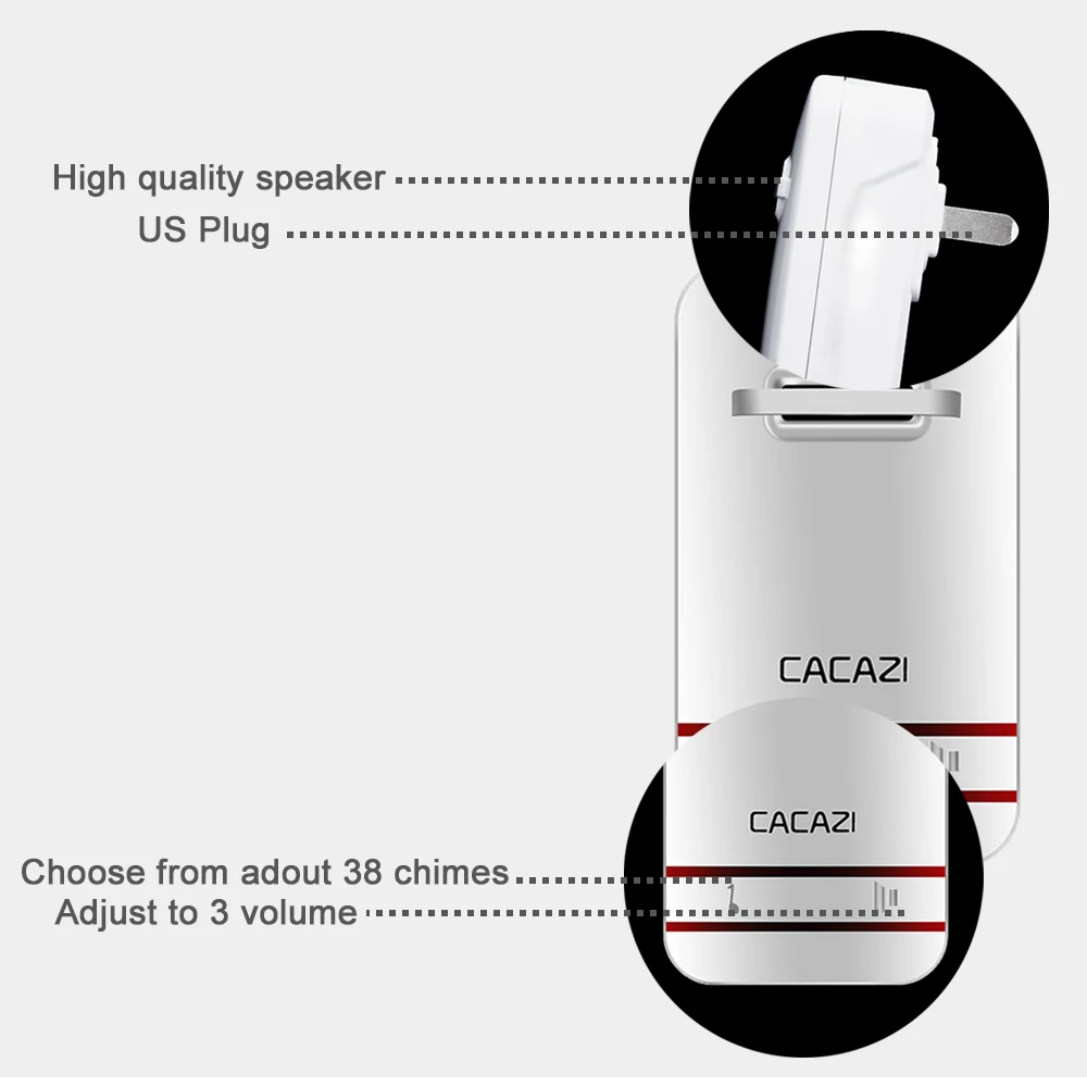 CACAZI self powered wireless doorbell button waterproof with no battery door bell US plug 120M remote 38 rings chime | Безопасность и