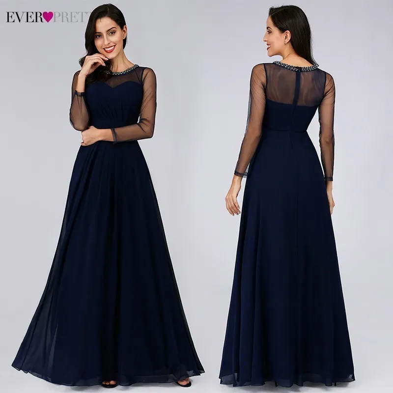 Темно синие длинные платья подружек невесты Ever Pretty A Line с длинным рукавом