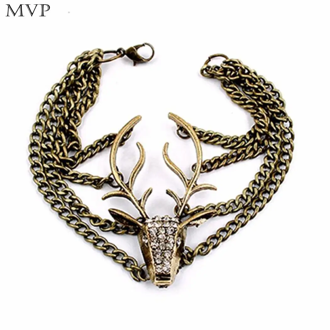 Women Fashion Deer Head Shape Multi Casual Link Chain Layers Cuff Crystal Bracelet Lobster Claw Clip Jewelry | Украшения и