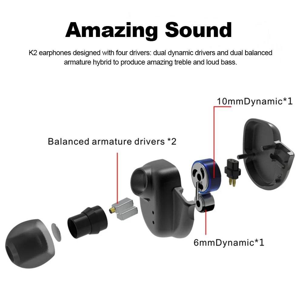 Проводные наушники BQEYZ K2 вкладыши 2BA + 2DD гибридные динамические Hi Fi с басами